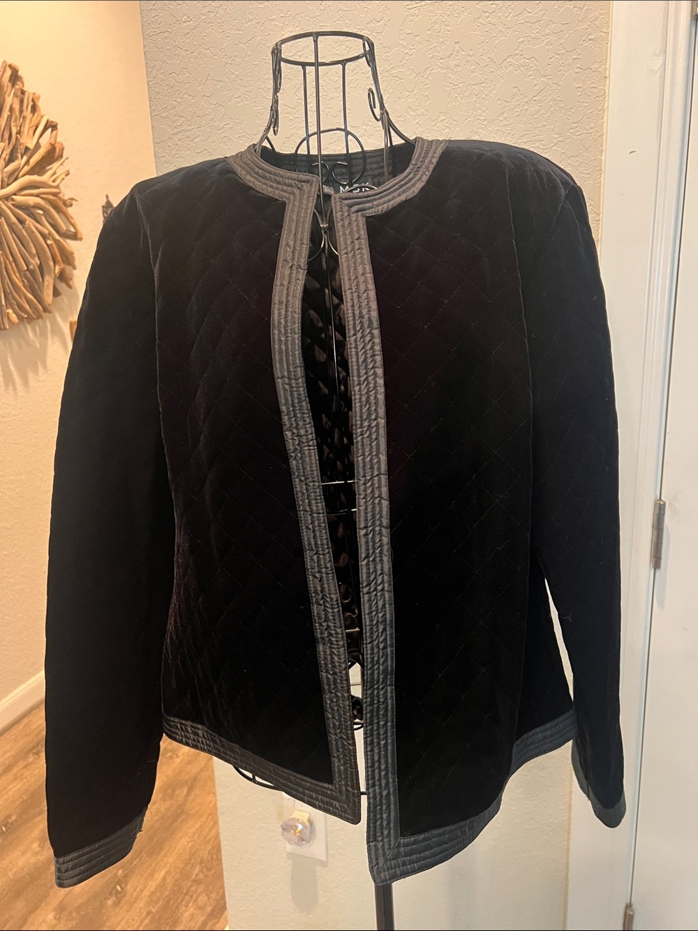 MSK Classic Quilted Black Velvet Jacket with Gray Trim